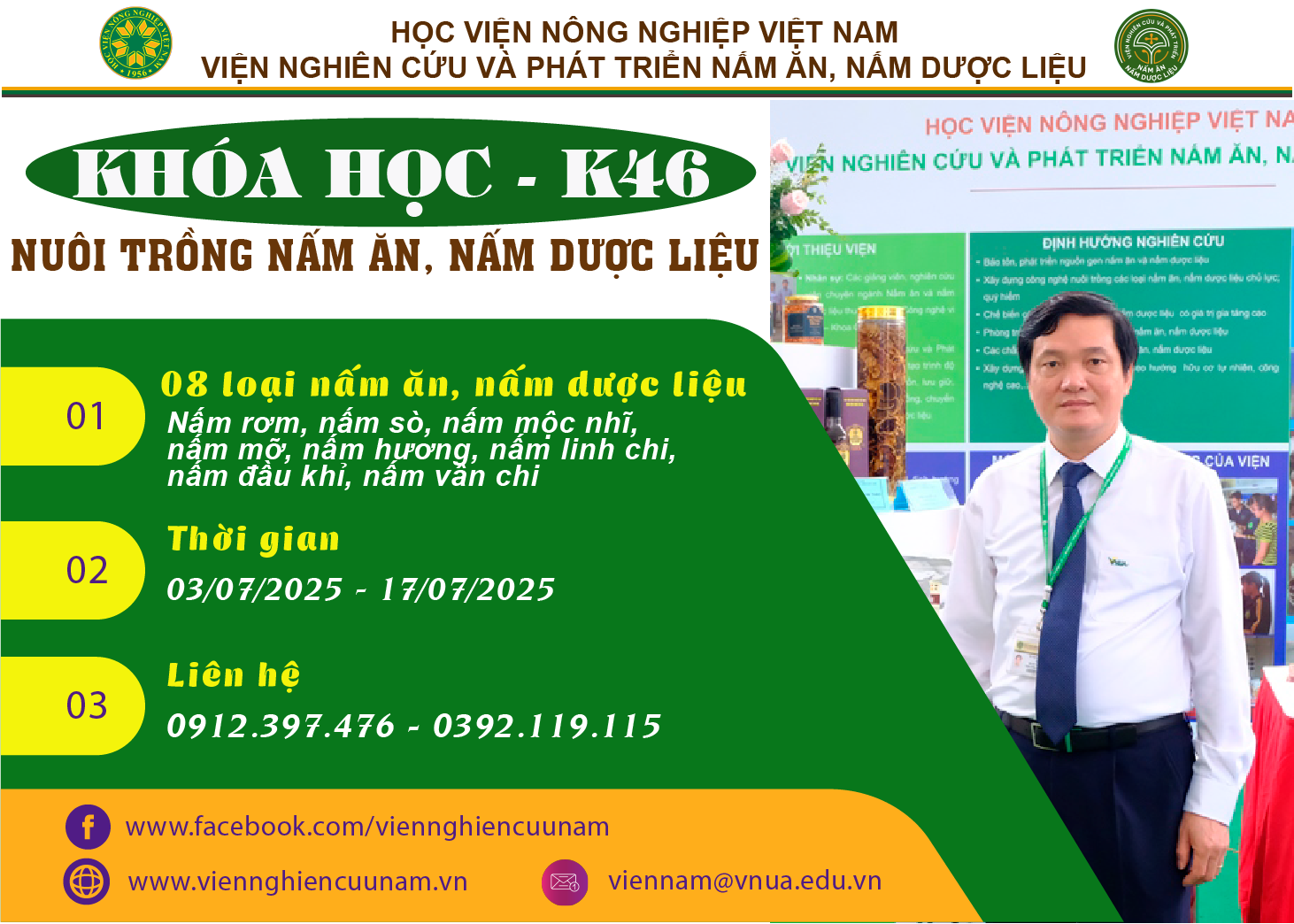 THÔNG BÁO MỞ LỚP ĐÀO TẠO KỸ THUẬT NUÔI TRÔNG NẤM ĂN, NẤM DƯỢC LIỆU - K46